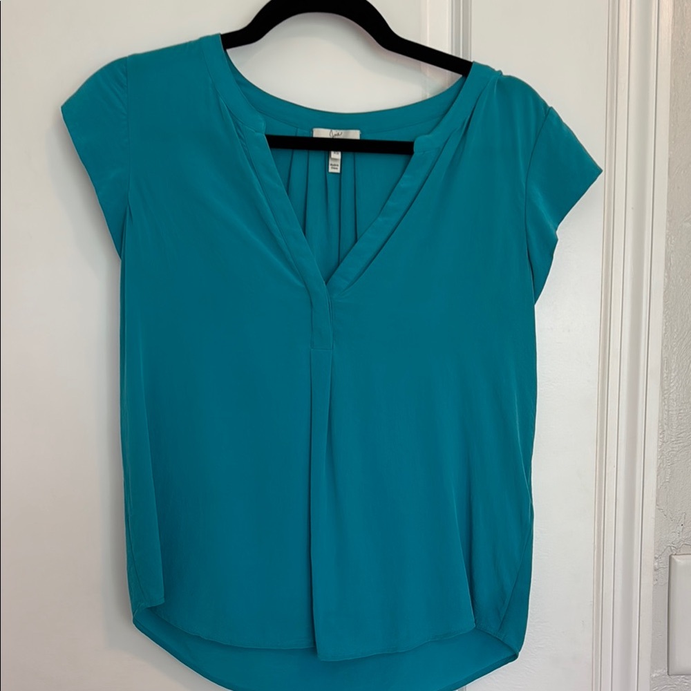 Joie Blue Fitted Asymmetrical Cap Sleeve Blouse